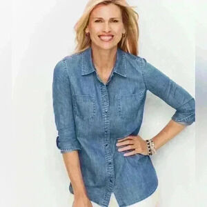 Talbots Women’s Classic Cotton Shirt Denim Blue Button Down Plus Petite Size XP